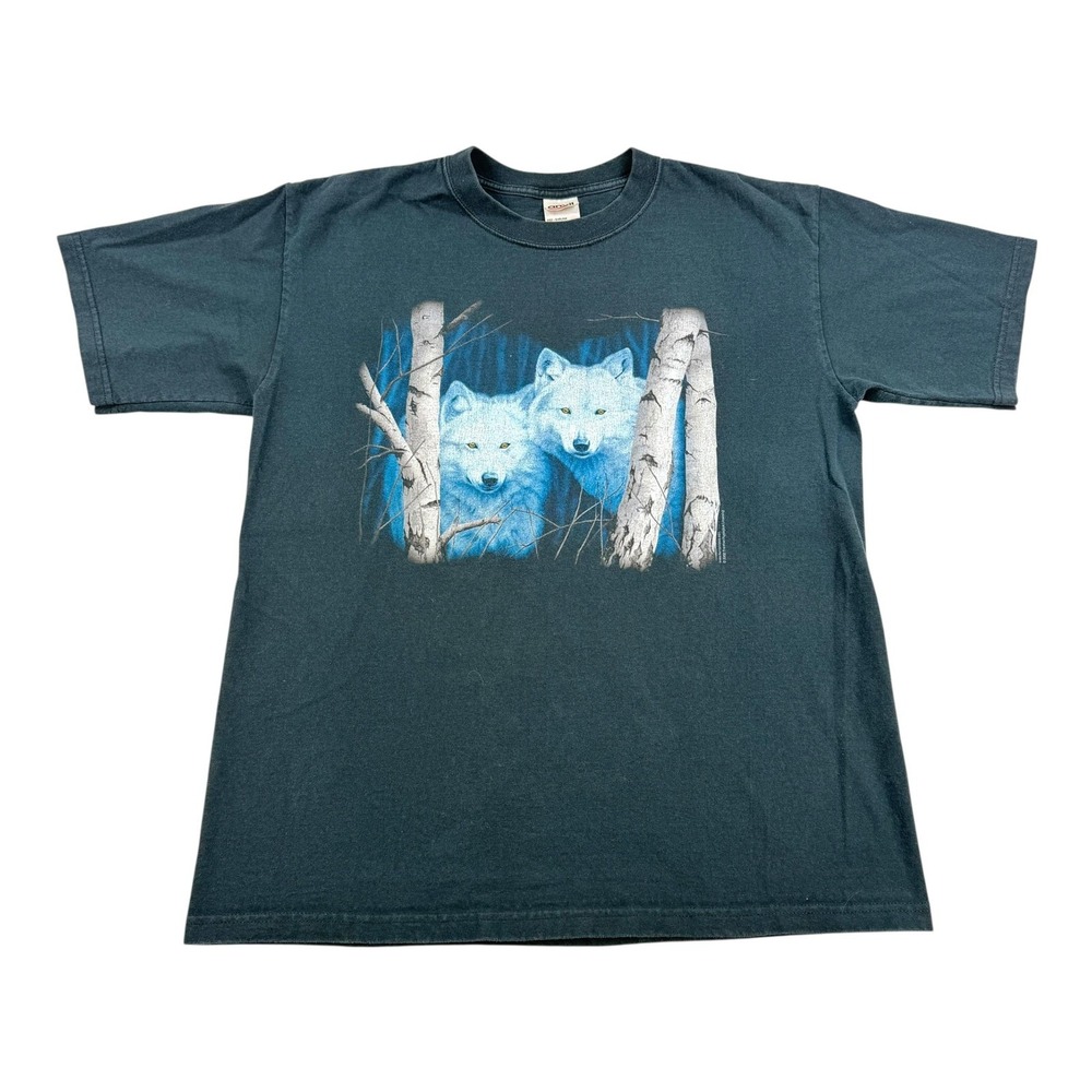 Vintage Wolves Shirt Mens Medium Nature Wildlife Graphic Tee 2002 Anvil 00s